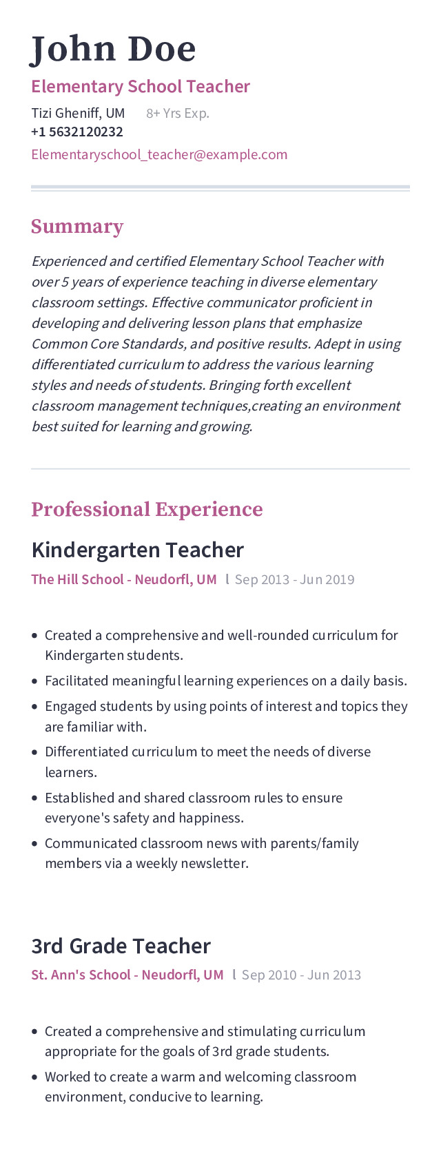 Elementary School Teacher Mobile Resume Example