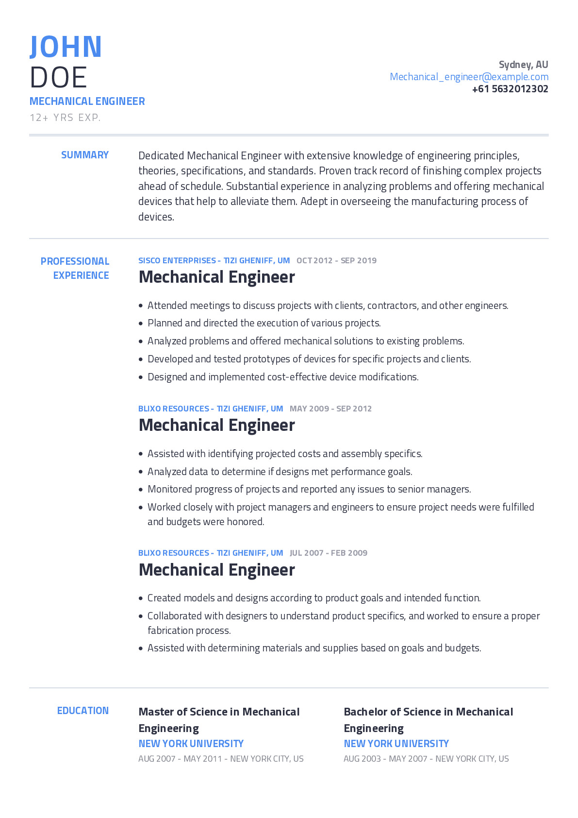 Mechanical Engineer Resume Example