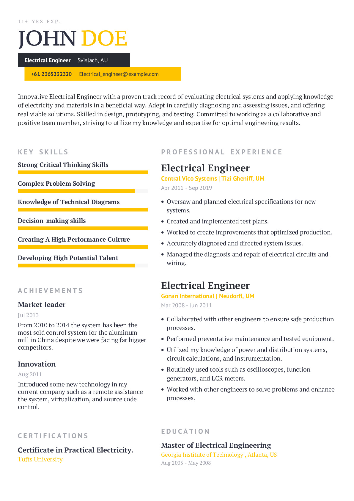 Electrical Engineer Resume Example With Content Sample CraftmyCV
