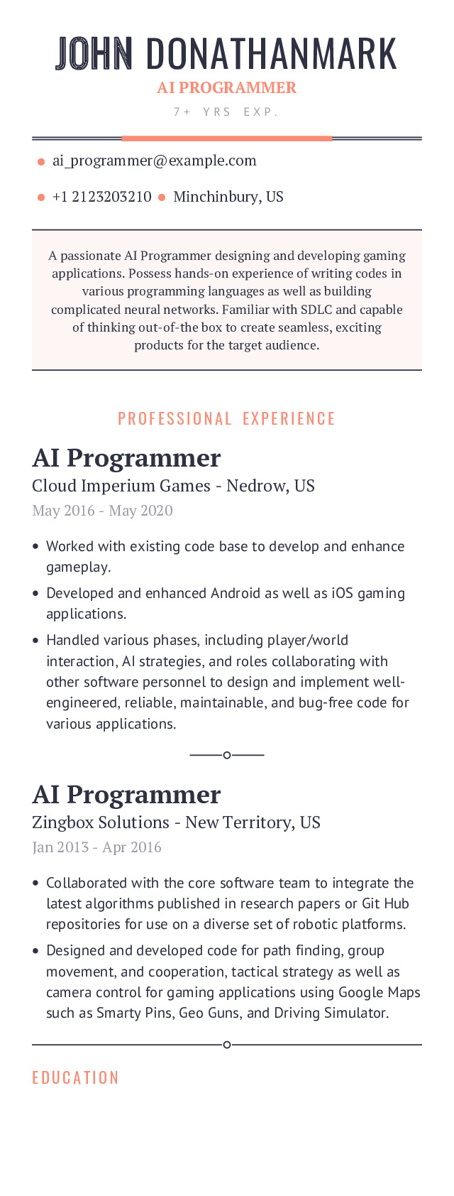 AI Programmer Mobile Resume Example