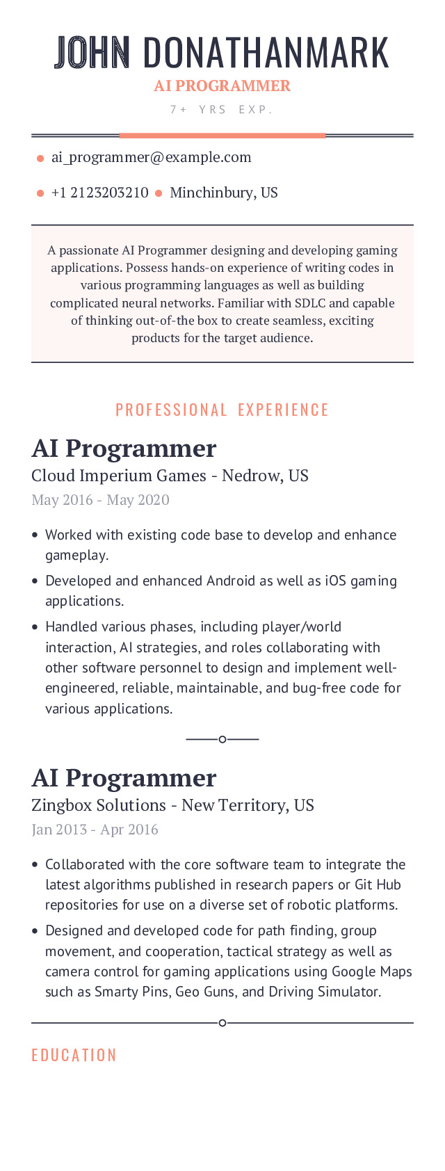 AI Programmer Resume Example With Content Sample CraftmyCV