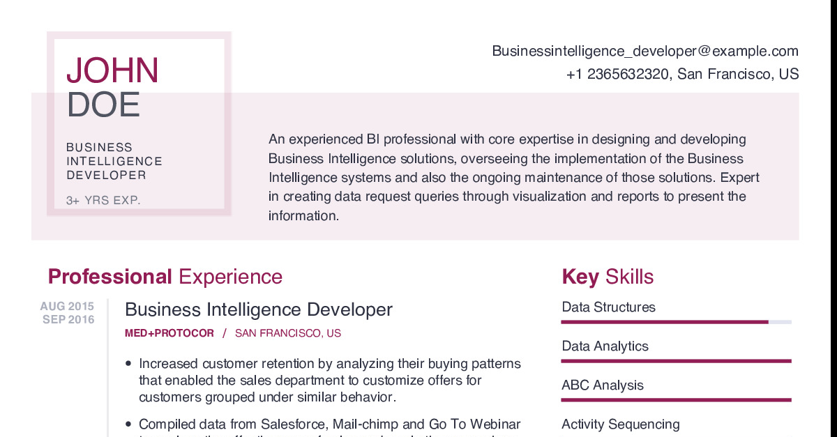 Business Intelligence Developer Resume With Content Sample | CraftmyCV