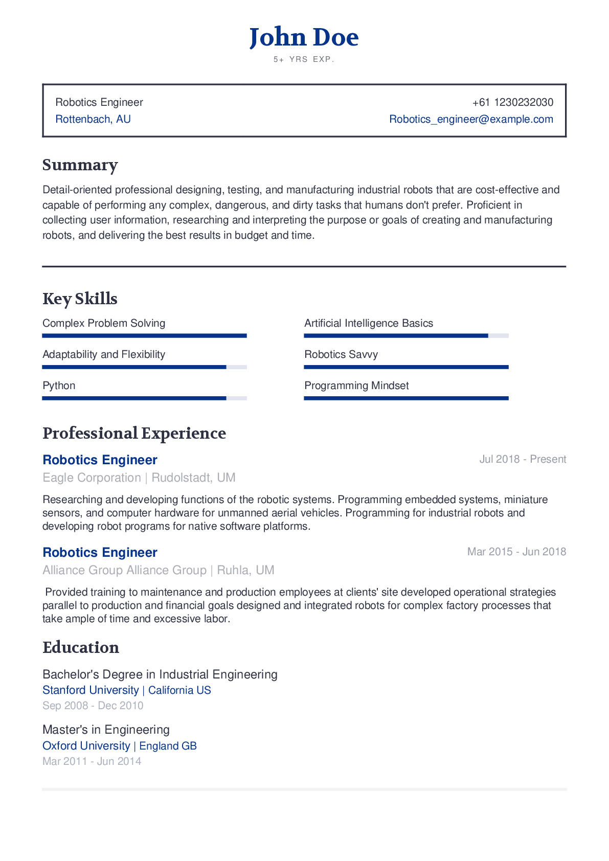 Robotics Engineer Resume Example