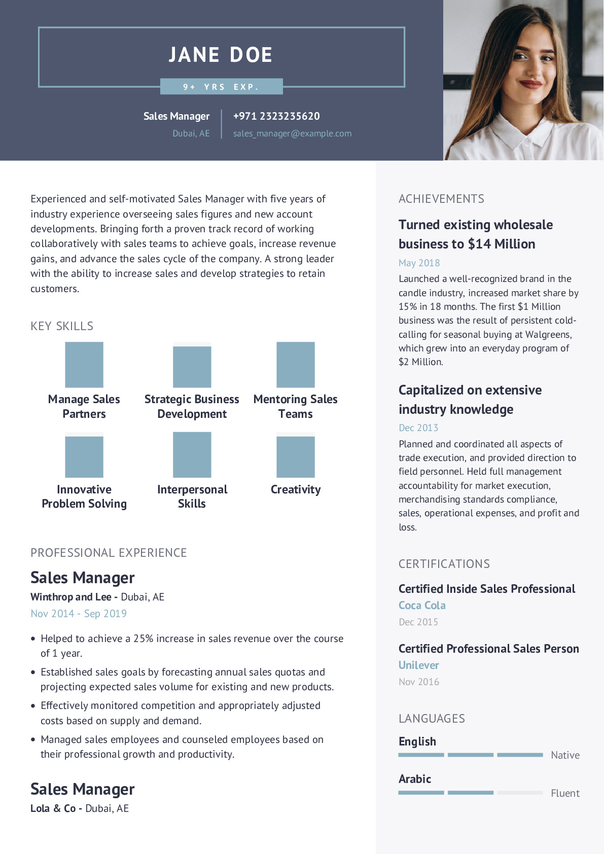 Sales Manager Resume Example With Pre-filled Content | CraftmyCV