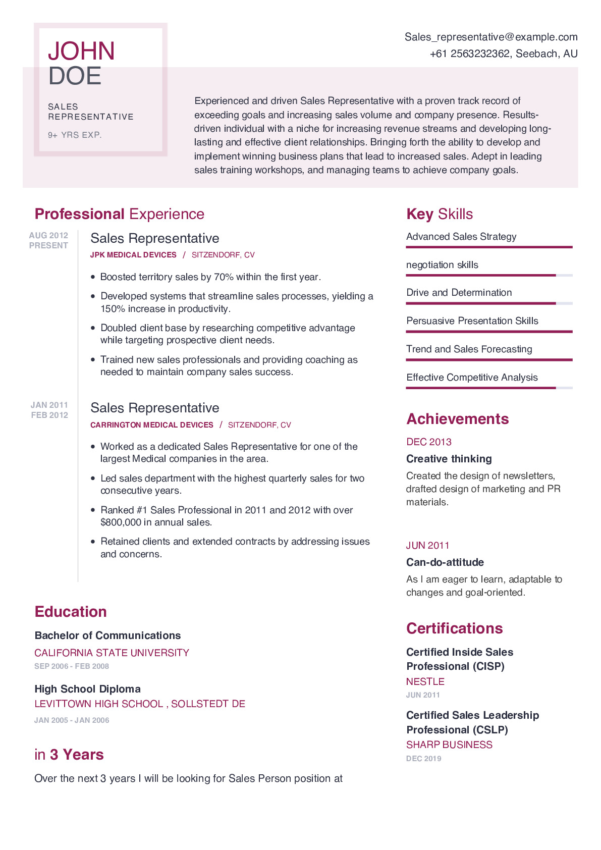 Sales Representative Resume Example With Content Sample | CraftmyCV