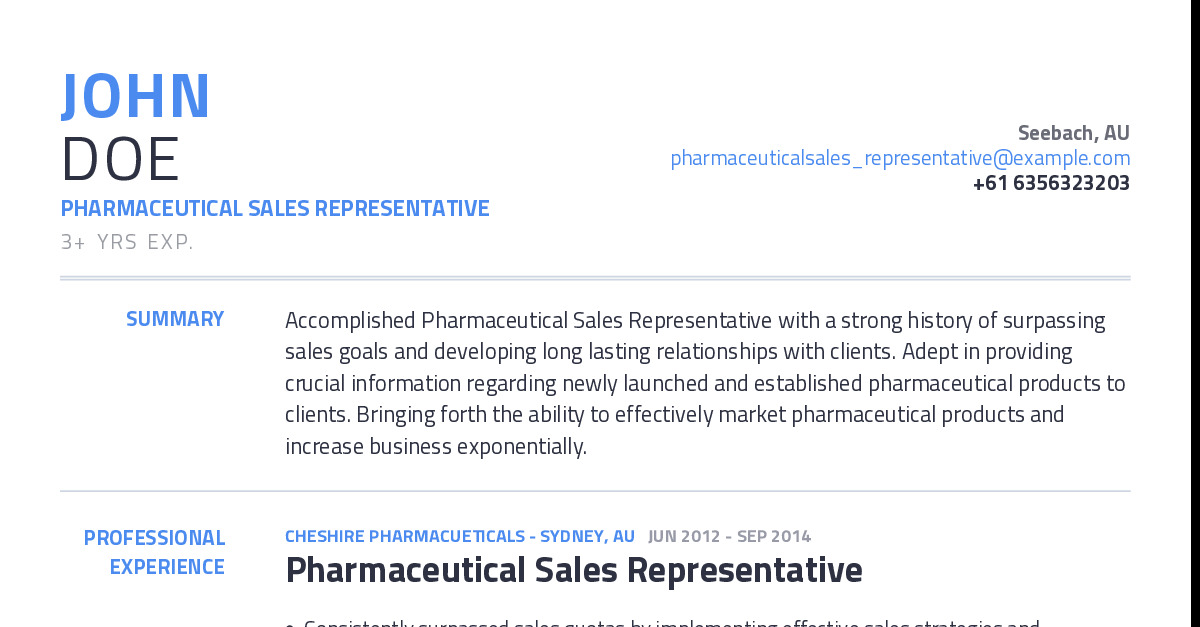 Pharmaceutical Sales Representative Resume Example | CraftmyCV