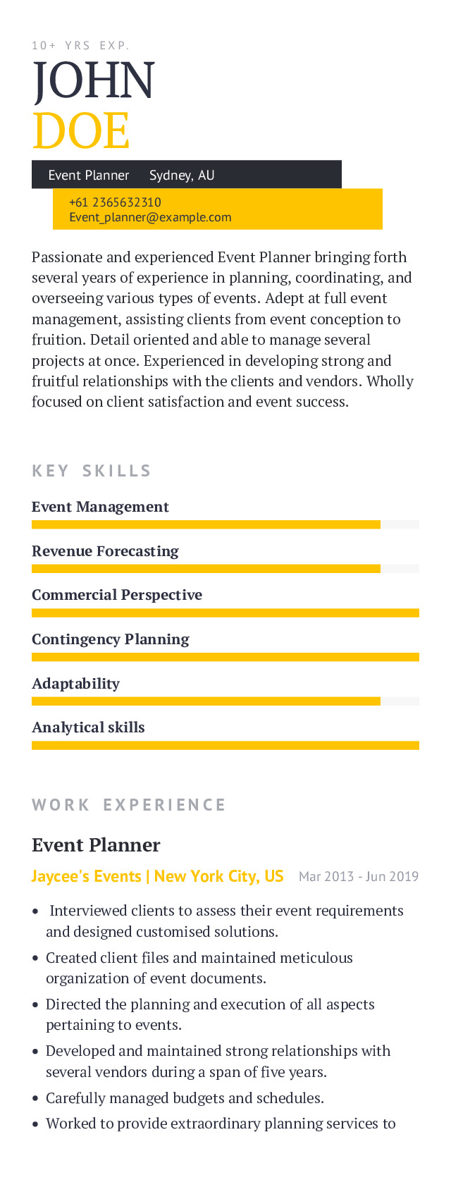 Event Planner Mobile Resume Example