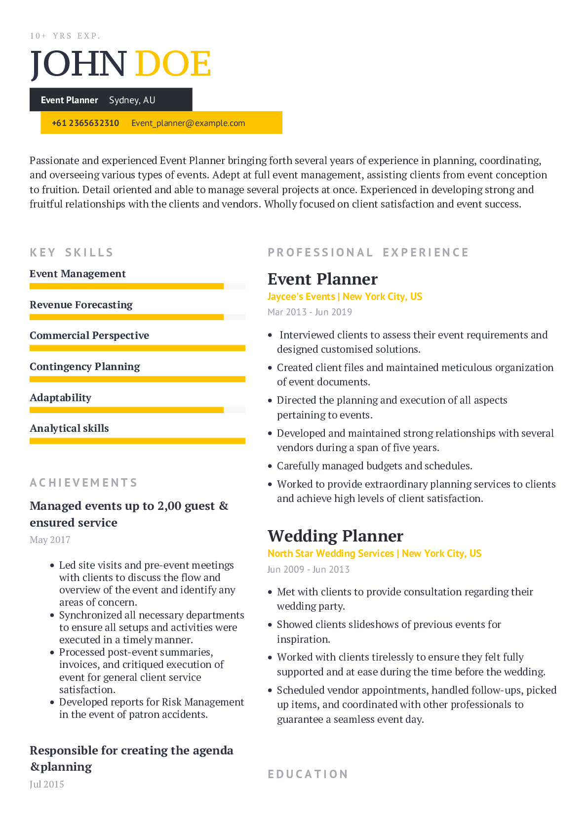Event Planner Resume Example With Content Sample CraftmyCV