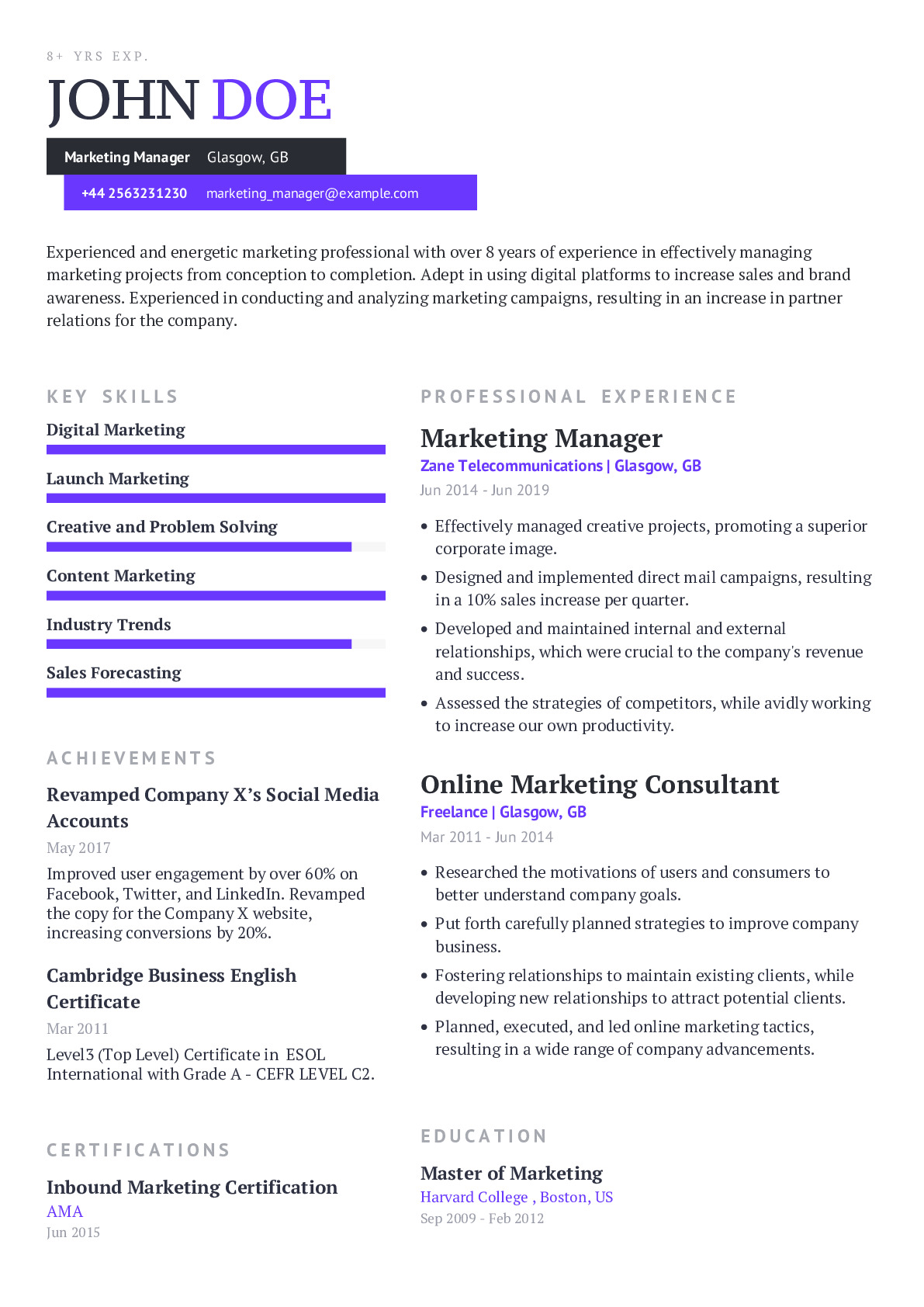 Marketing Manager Resume Example With Pre-written Content ...