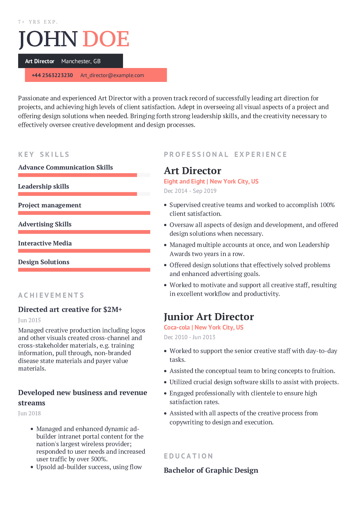 Art Director Resume Example With Content Sample CraftmyCV