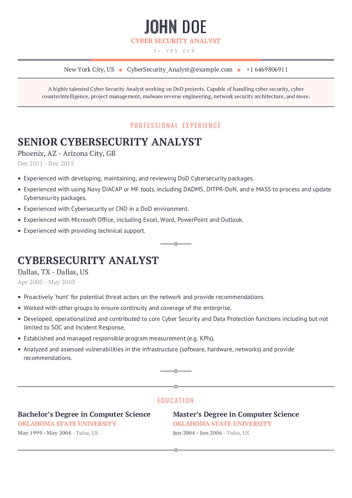 Cyber Security Analyst Resume Example