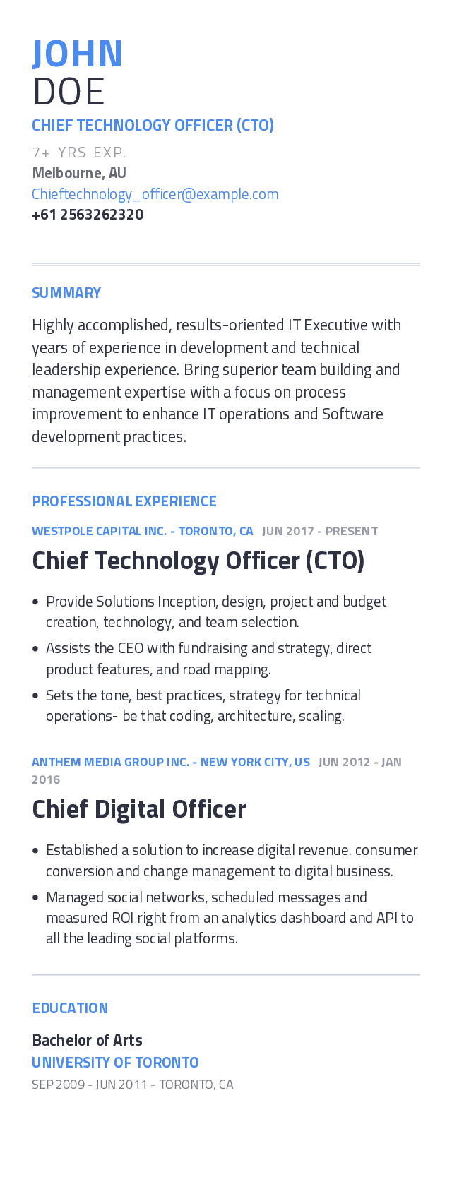 Chief Technology Officer (CTO) Mobile Resume Example