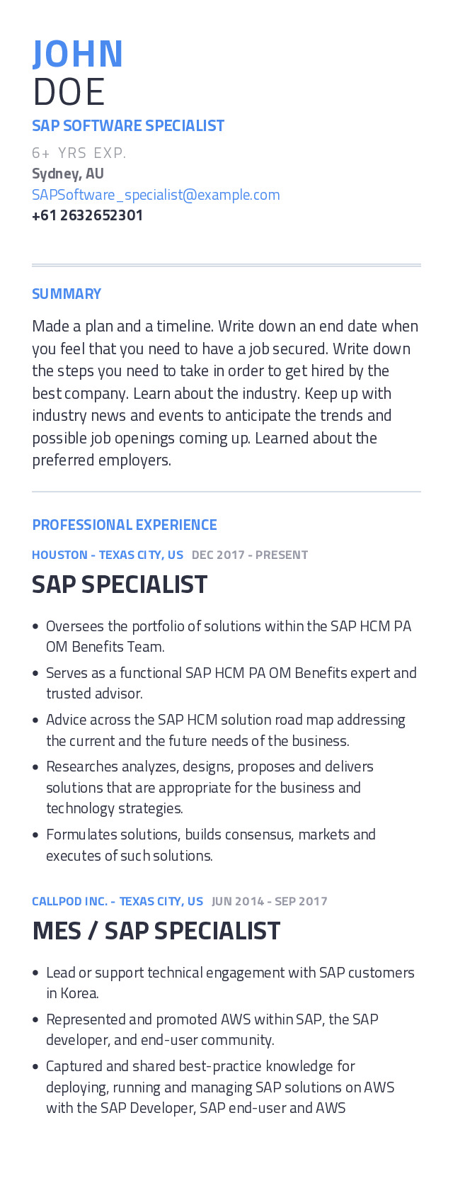 SAP Software Specialist Mobile Resume Example