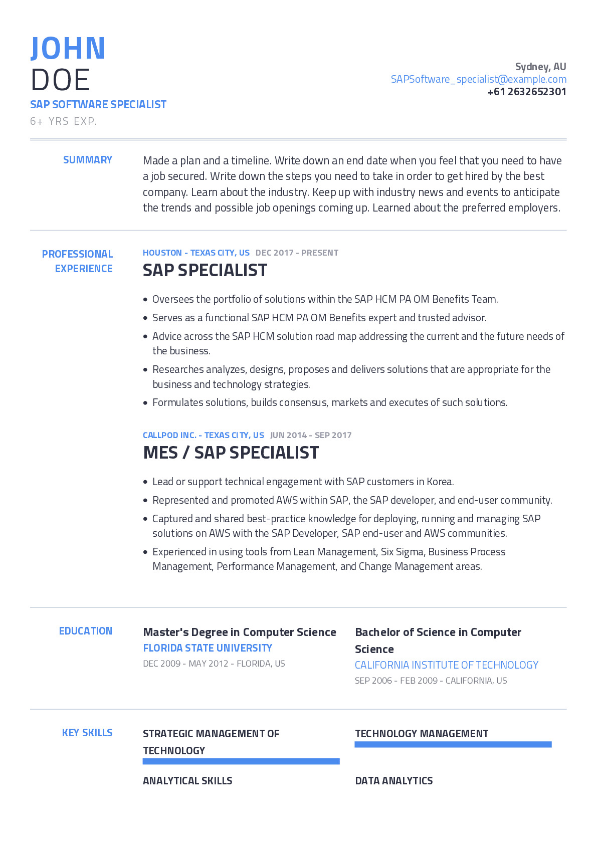 SAP Software Specialist Resume Example With Content Sample | CraftmyCV