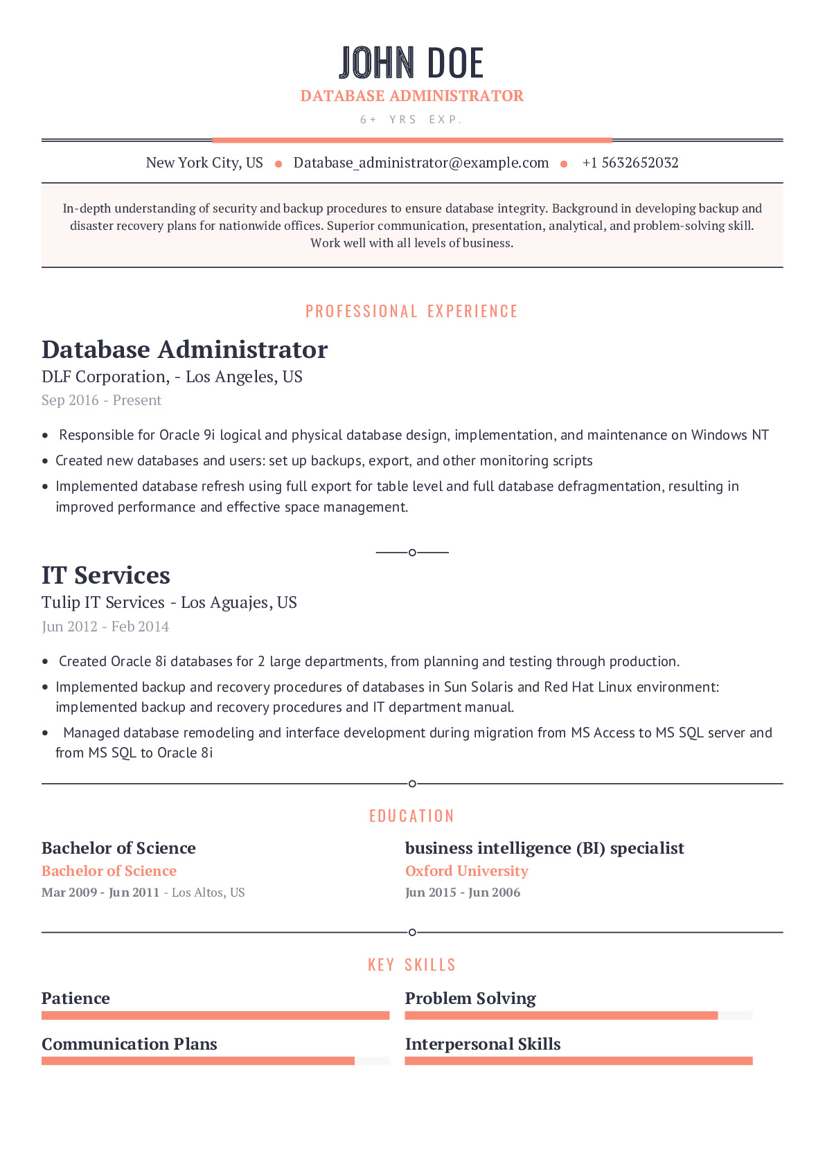 Database Administrator Resume Example With Content Sample Craftmycv