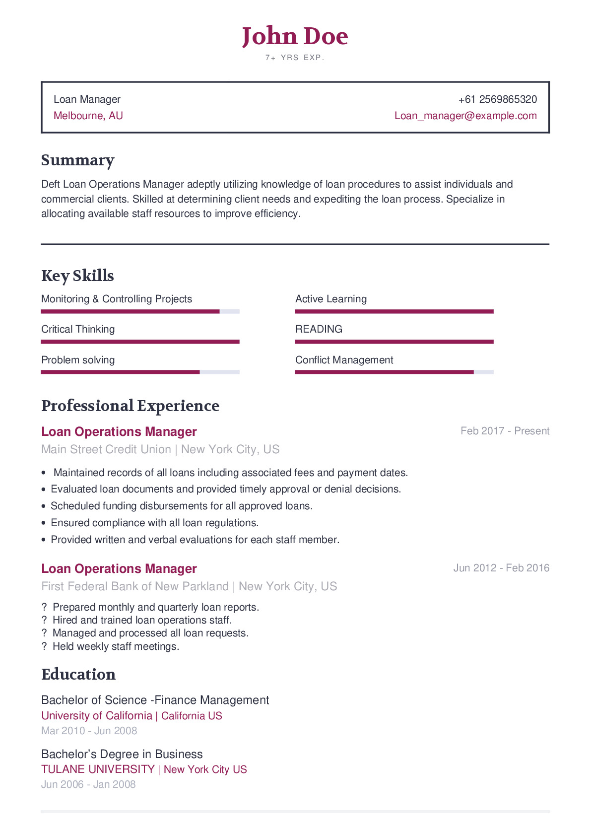 Loan Manager Resume Example