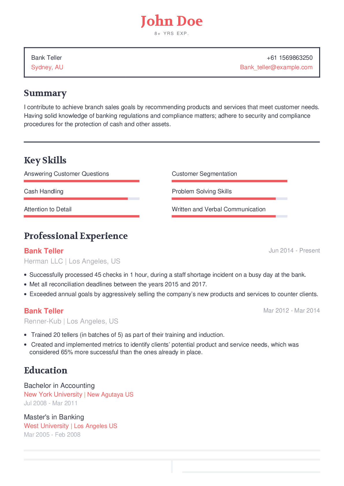 Bank Teller Resume Example With Content Sample CraftmyCV