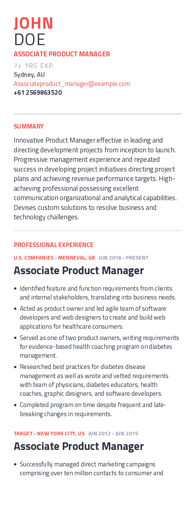 Associate Product Manager Mobile Resume Example