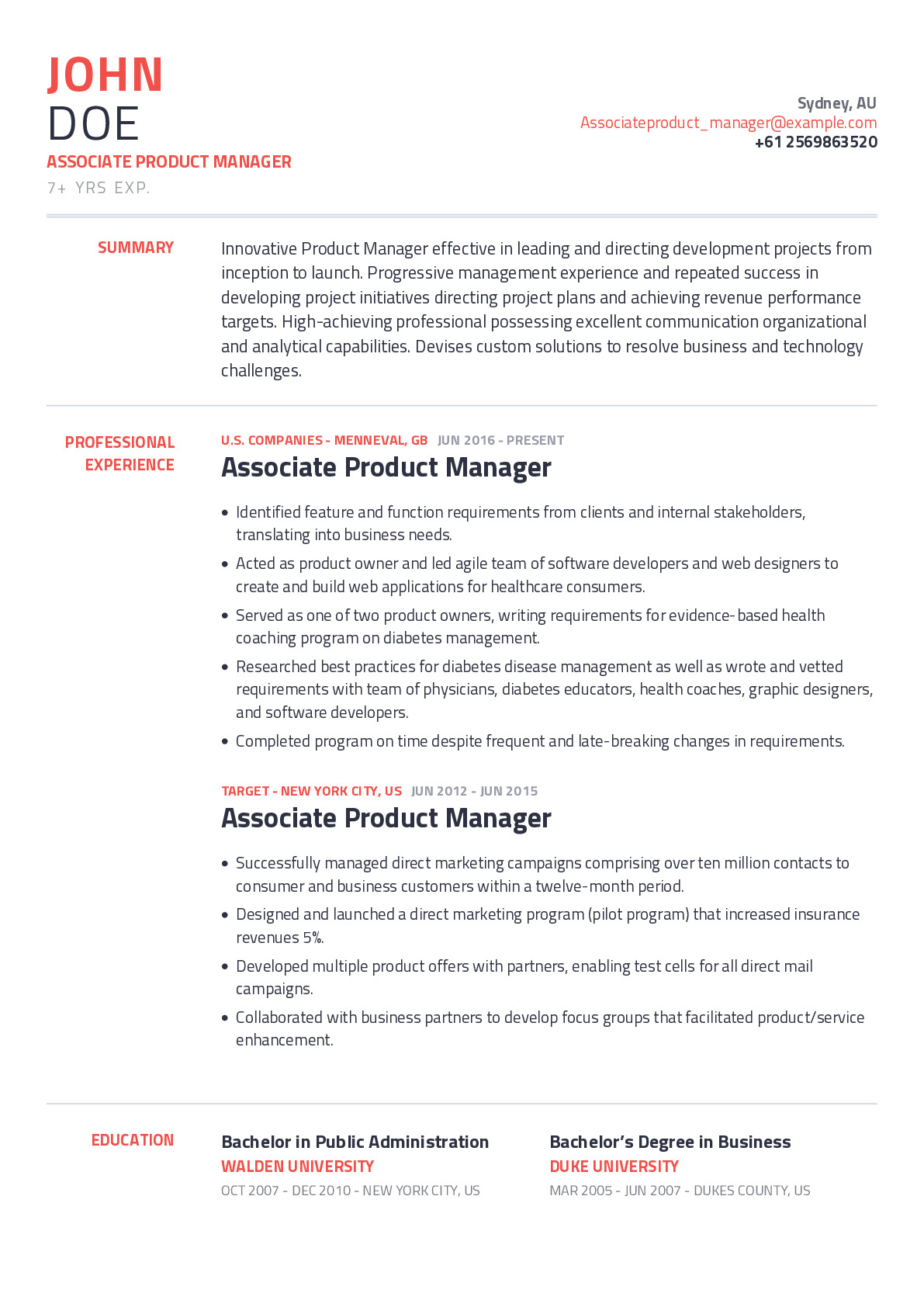 Associate Product Manager Resume Example