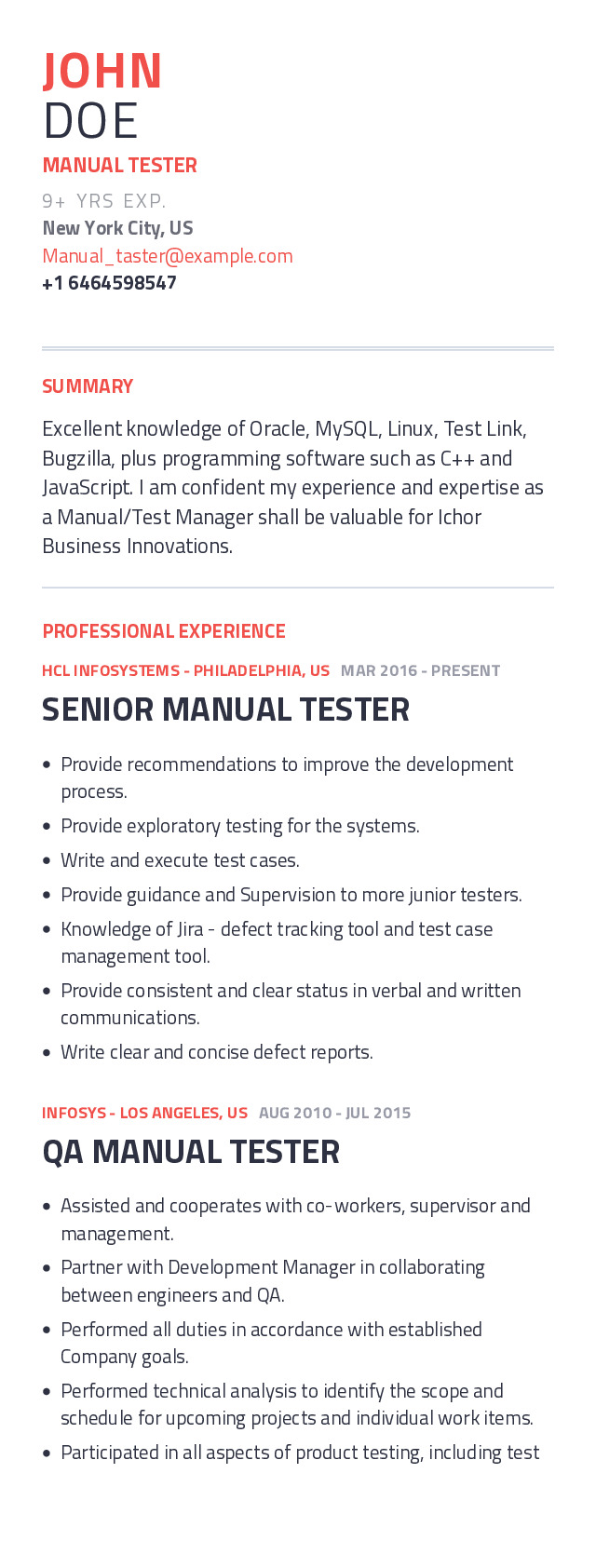 Manual Tester Resume Example With Content Sample CraftmyCV