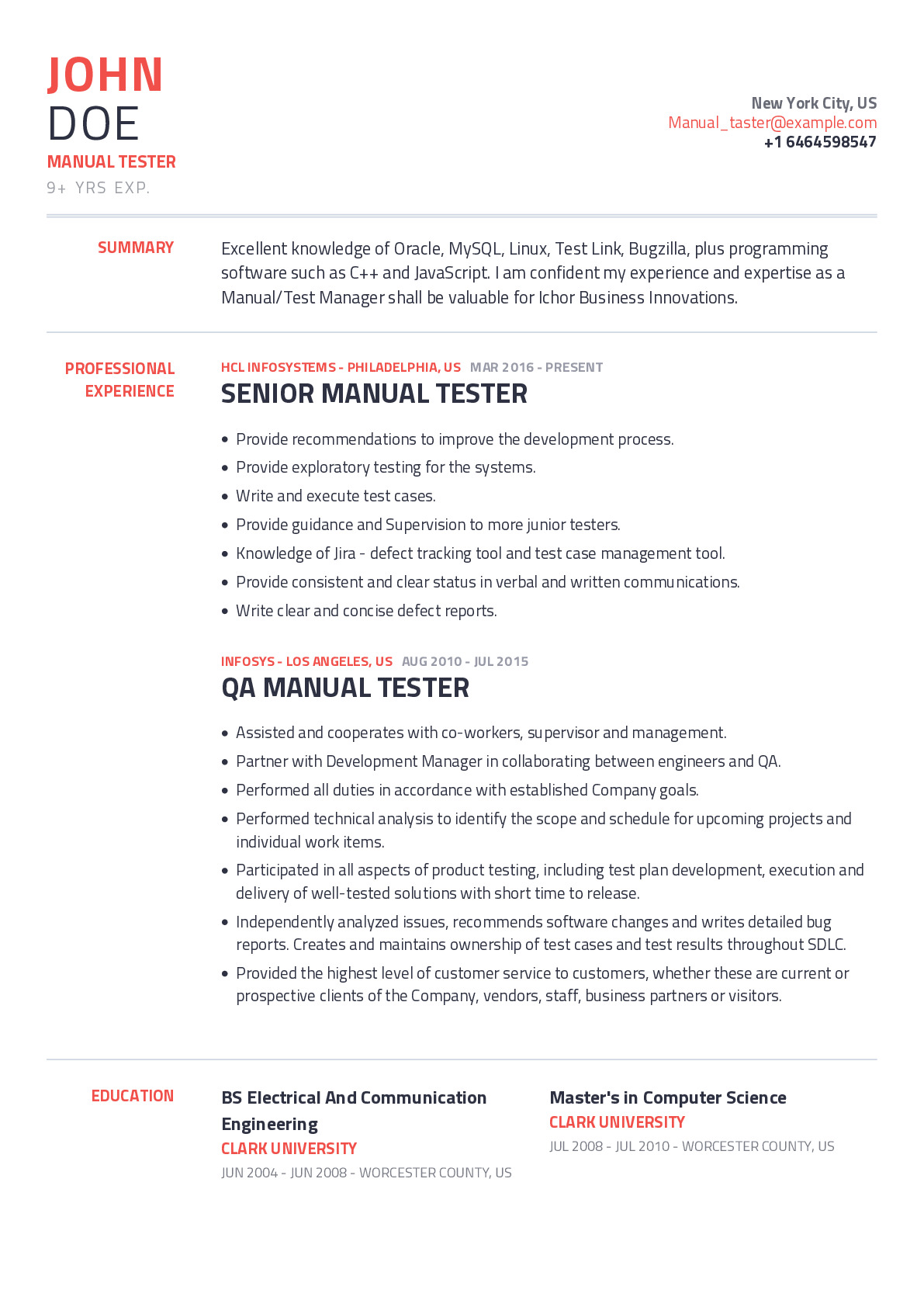 resume format for 1 year experience in manual testing