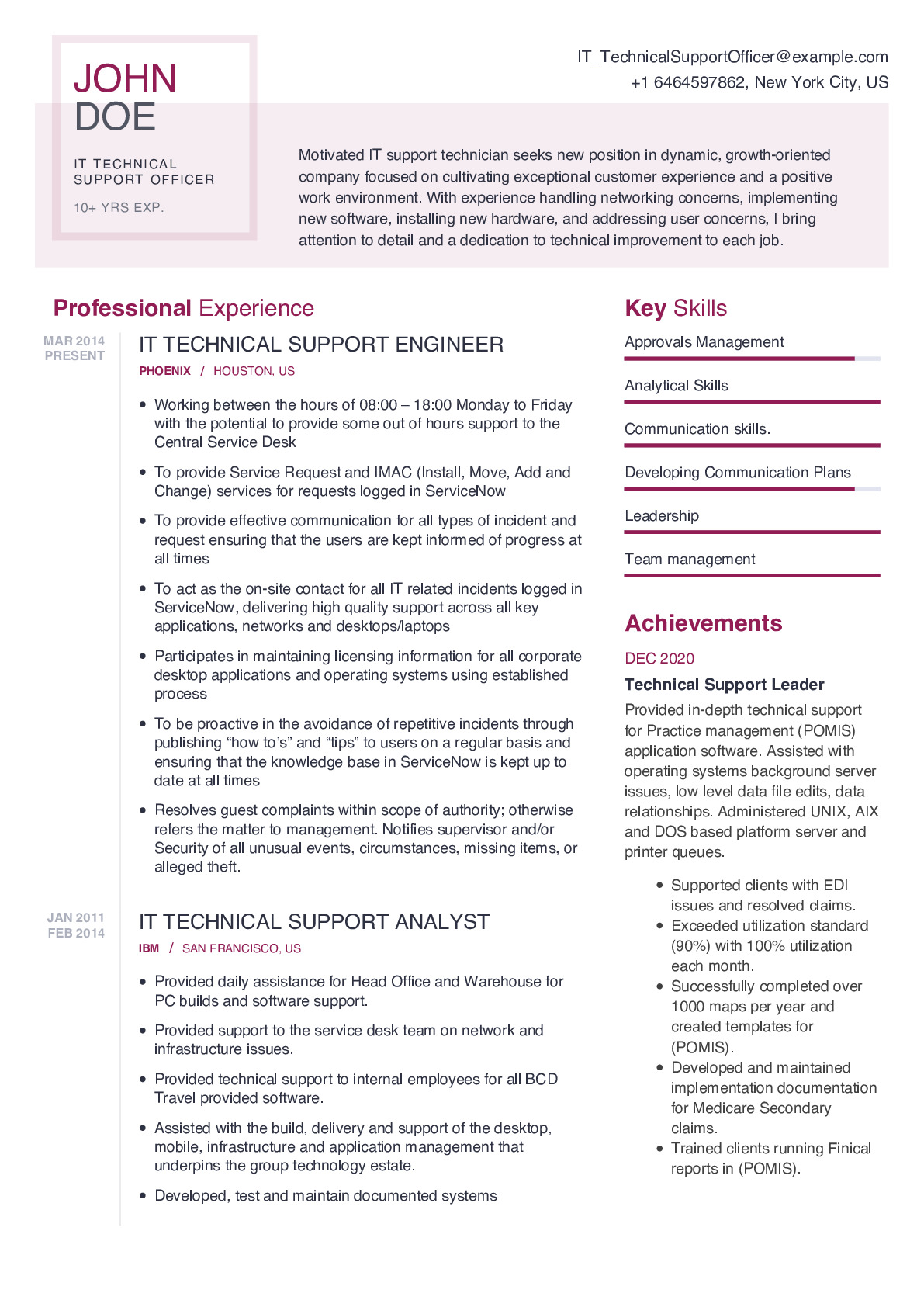 IT Technical Support Officer Resume Example