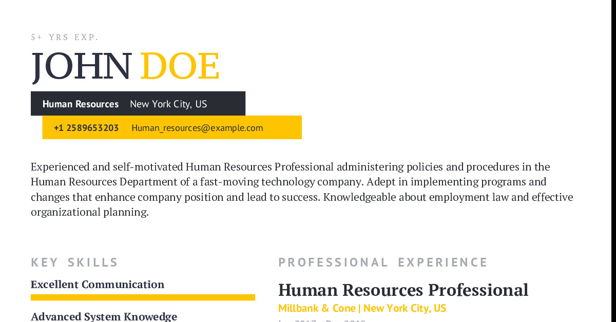 Human Resources Professional Resume Example With Content Sample | CraftmyCV