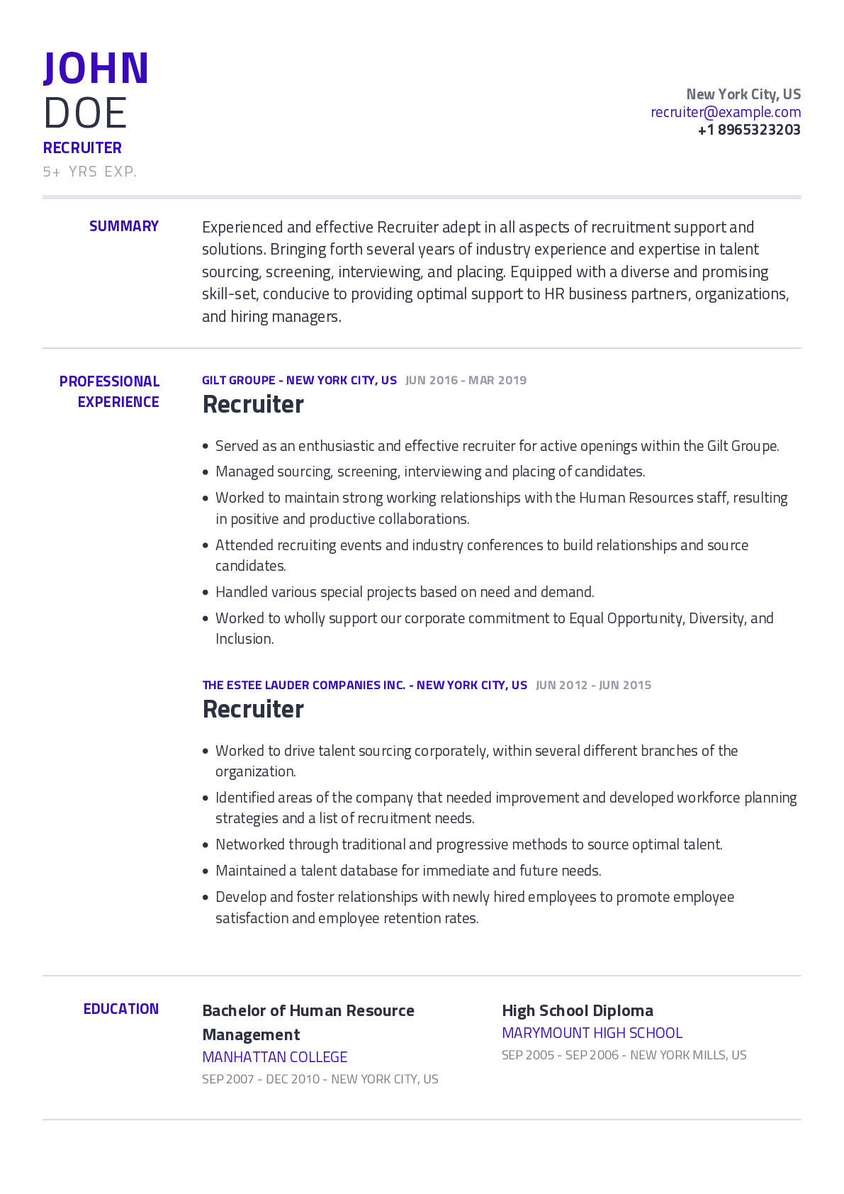 Recruiter Resume Example With Content Sample CraftmyCV