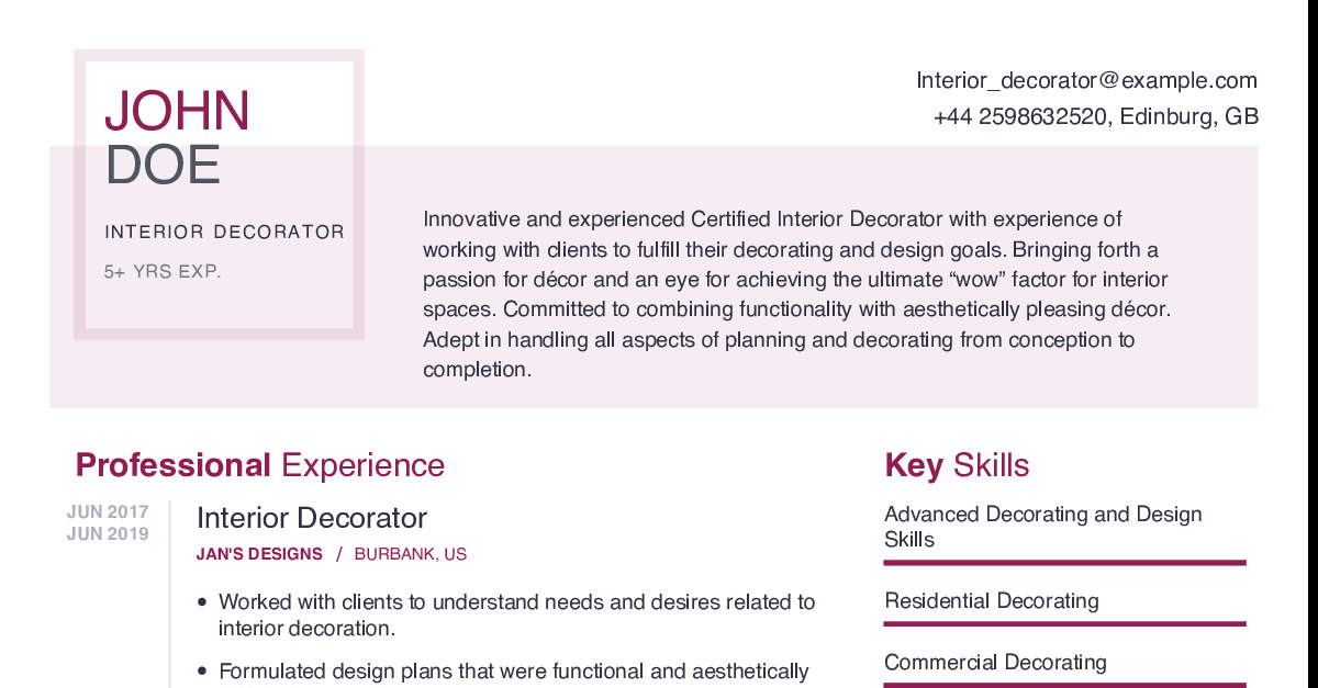 Interior Decorator Resume Example With Content Sample Craftmycv