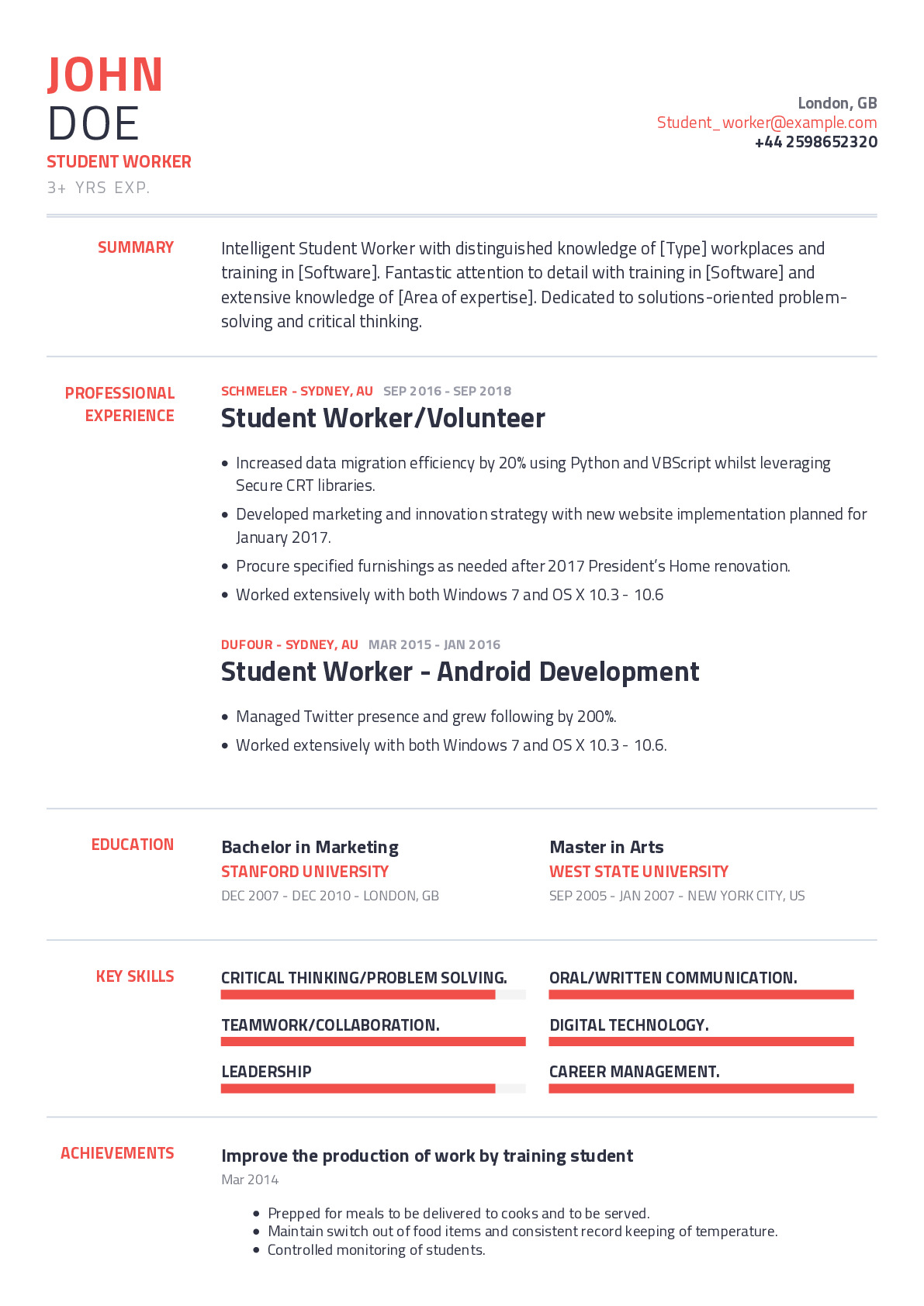 Student Worker Resume Example
