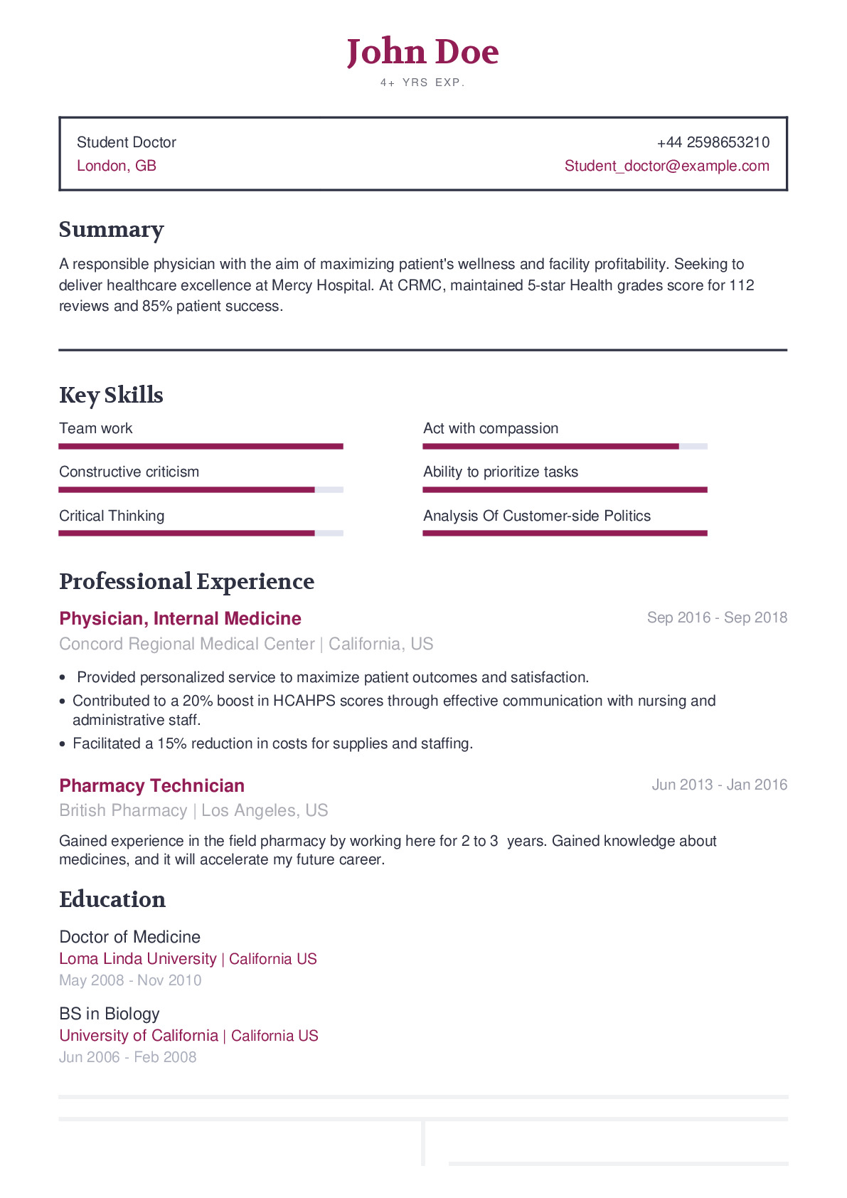 Student Doctor Resume Example With Content Sample | CraftmyCV