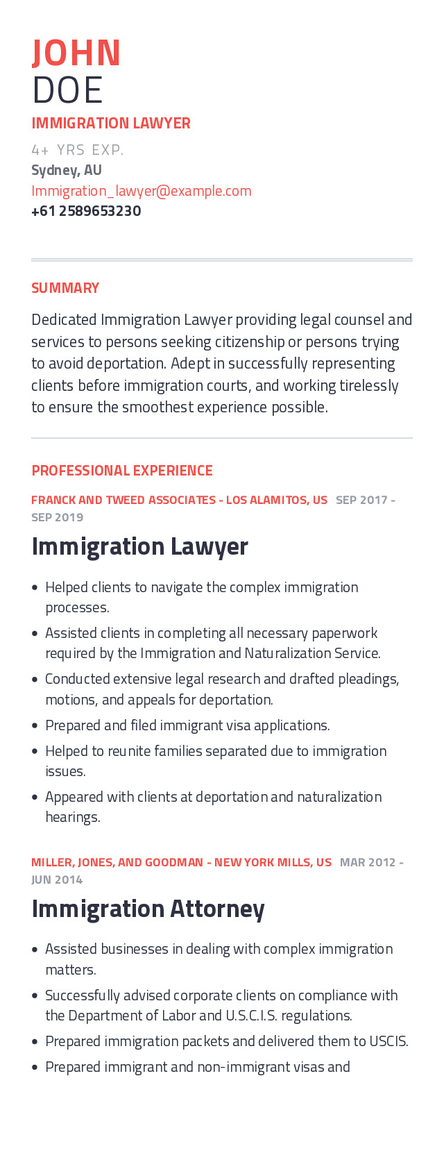 Immigration Lawyer Mobile Resume Example