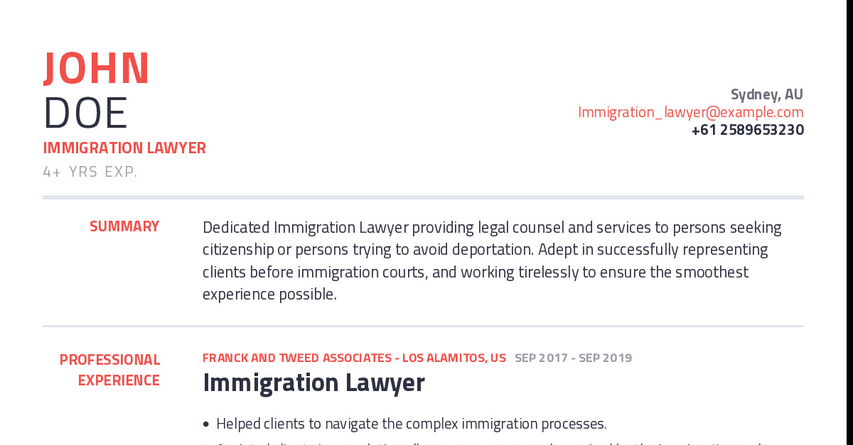 Immigration Lawyer Resume Example With Content Sample CraftmyCV