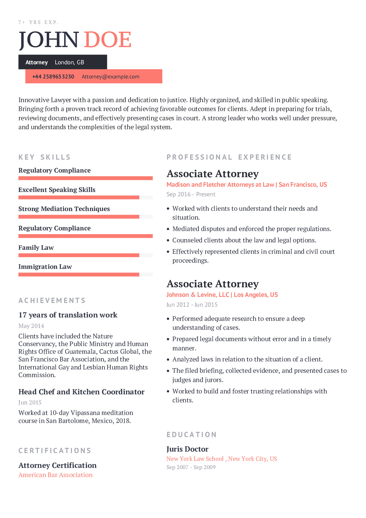 Attorney Resume Example With Content Sample CraftmyCV