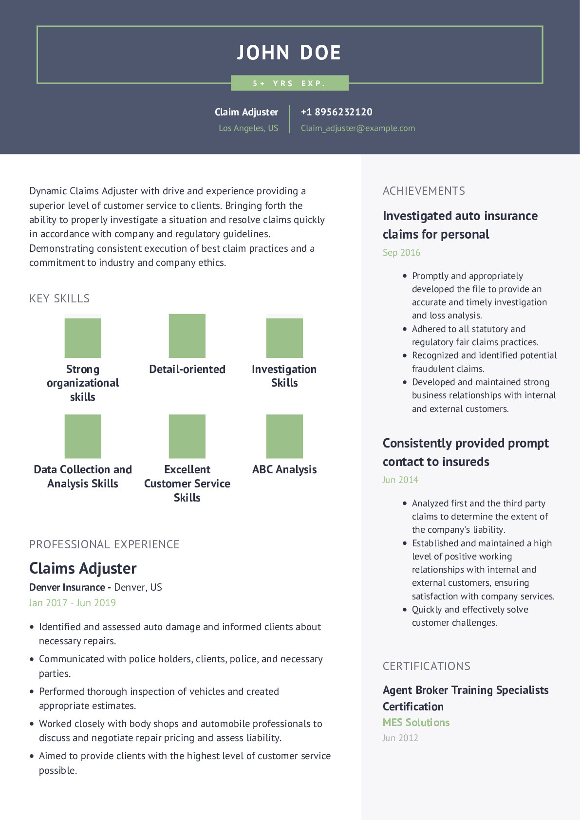 Claim Adjuster Resume Example With Content Sample CraftmyCV