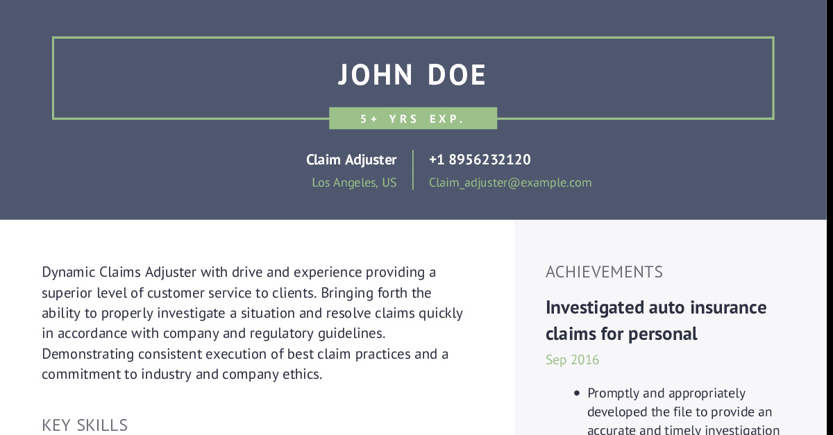 Claim Adjuster Resume Example With Content Sample | CraftmyCV