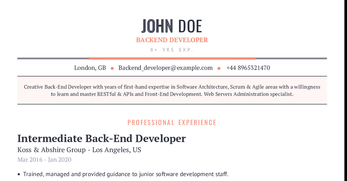 Backend Developer Resume Example With Content Sample CraftmyCV