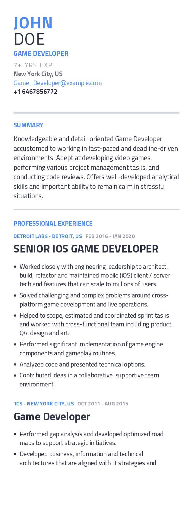 resume objective examples game developer