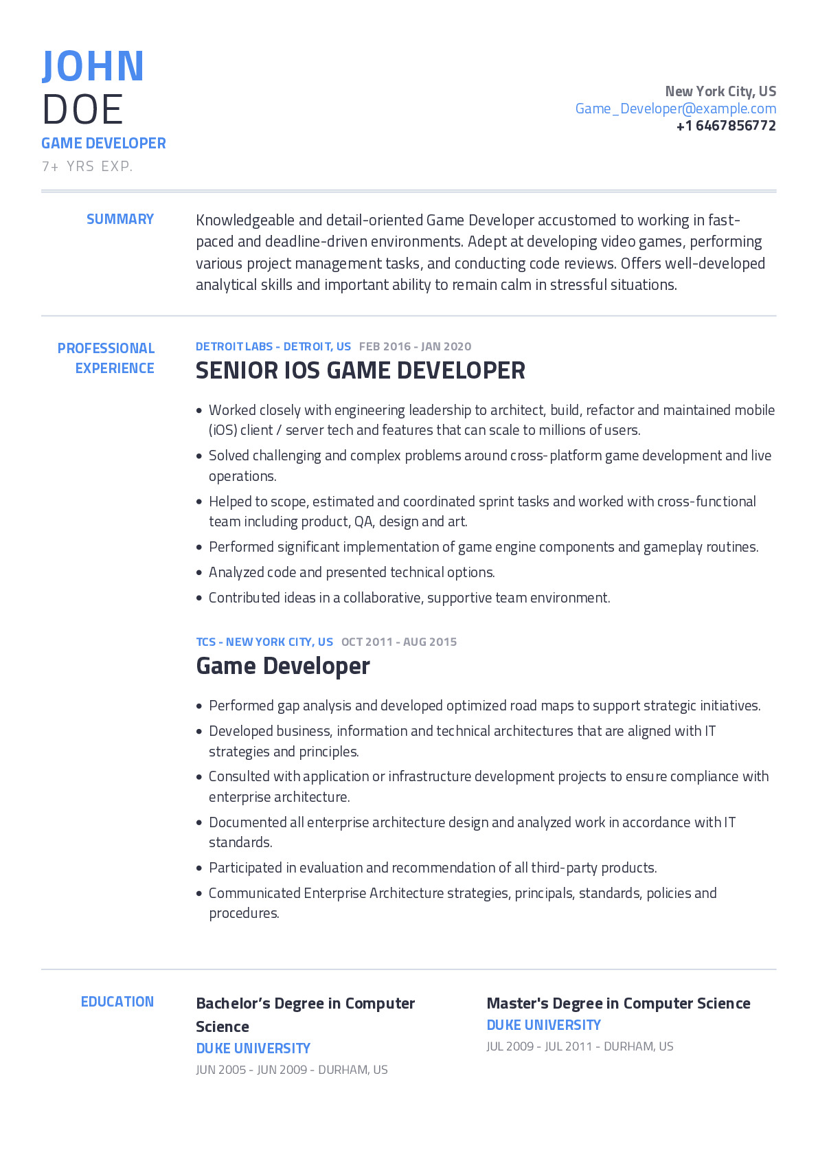 sample resume for game developer