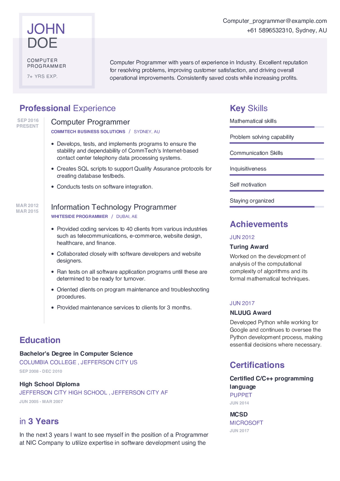 computer programmer resume example with content sample