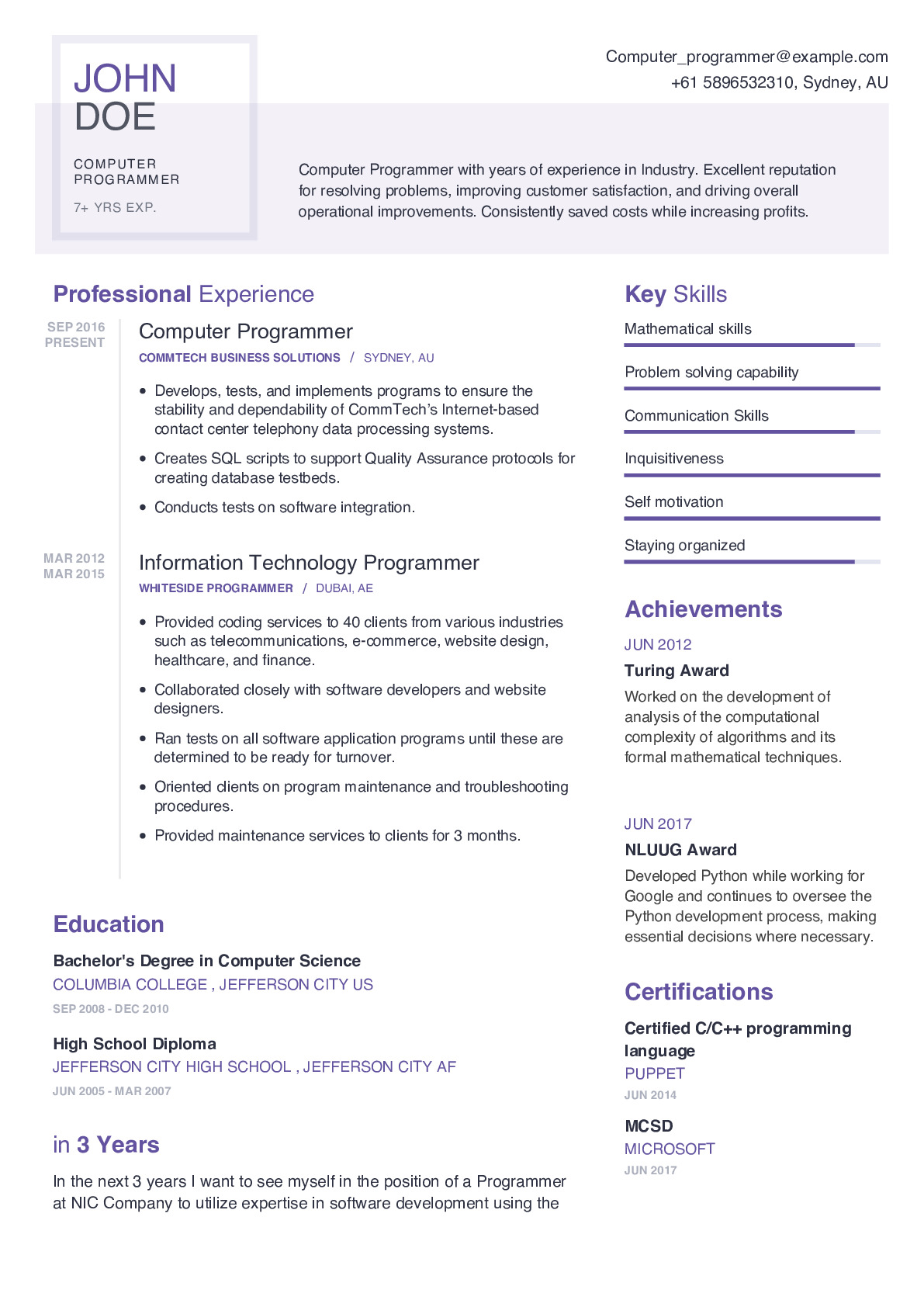 Computer Programmer Resume Example With Content Sample | CraftmyCV