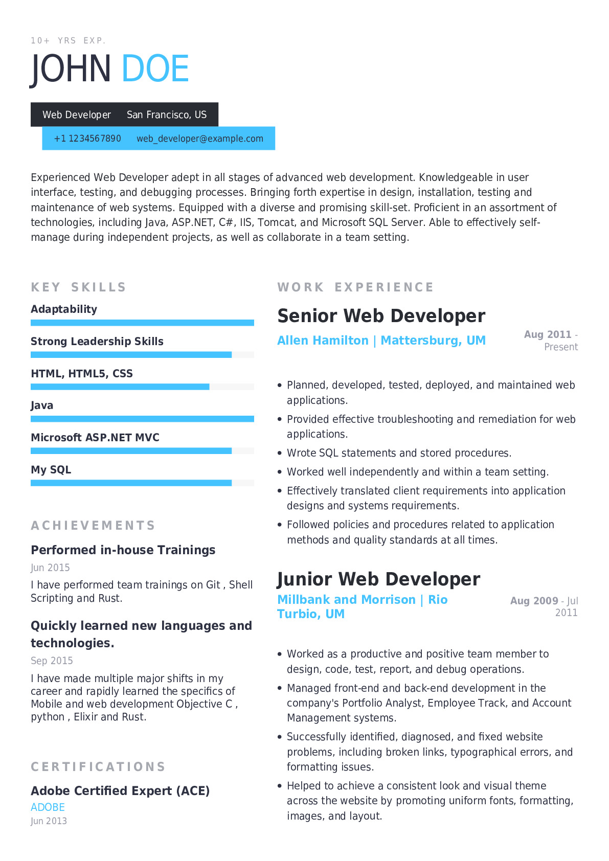 resume format for web developer fresher