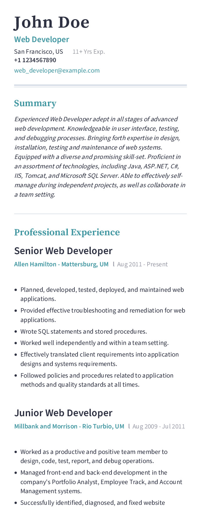 Web Developer Mobile Resume Example