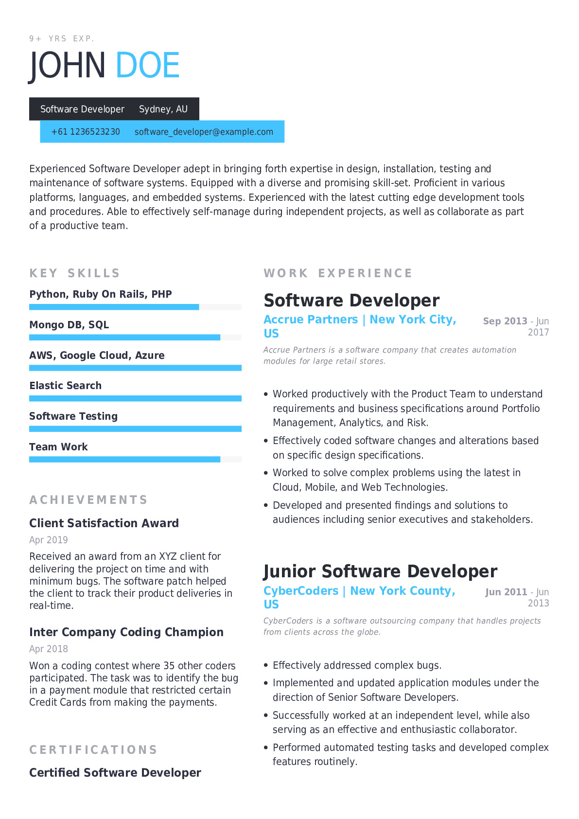 Software Developer Resume Example with PreFilled Content for Professionals