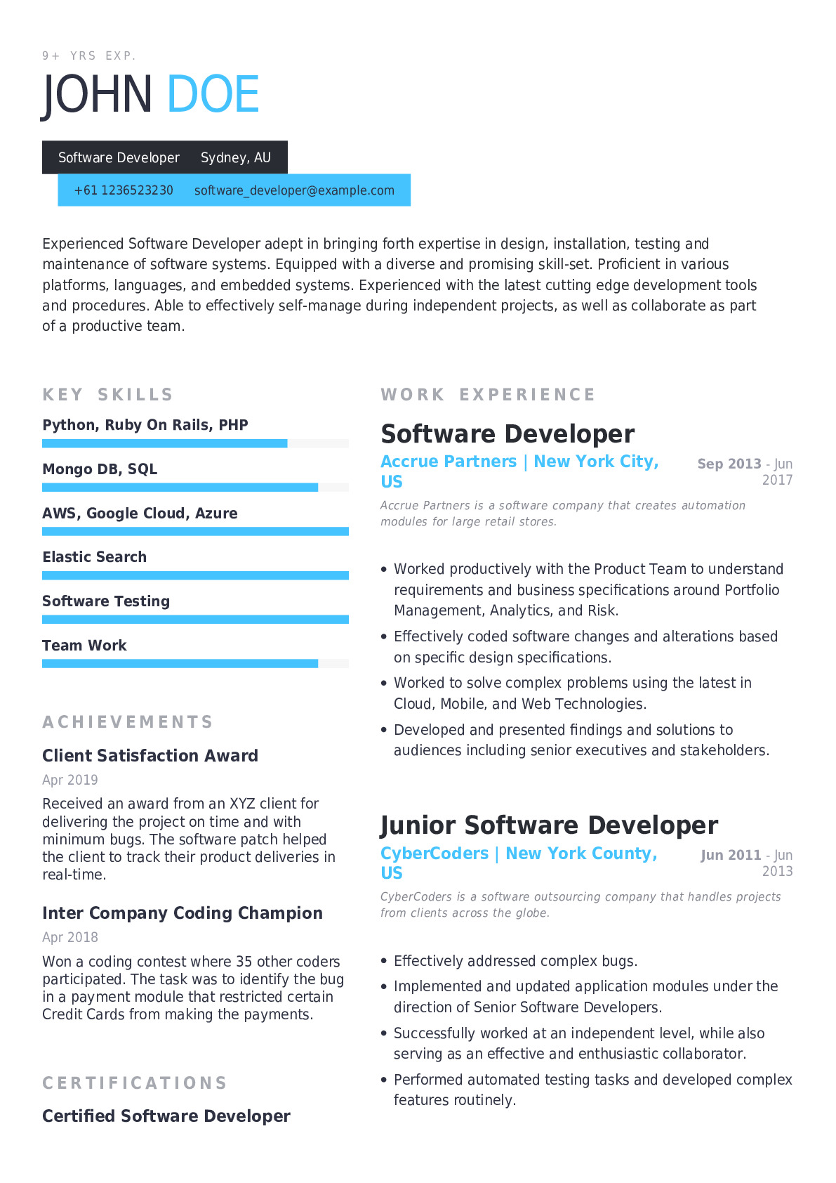 sample resume for software engineer with 10 years experience