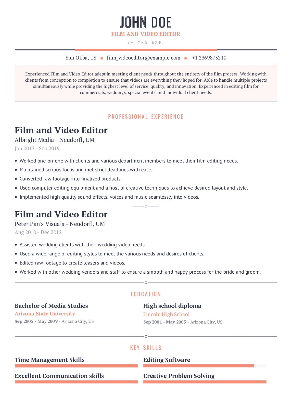 Film and Video Editor Resume Example With Content Sample CraftmyCV