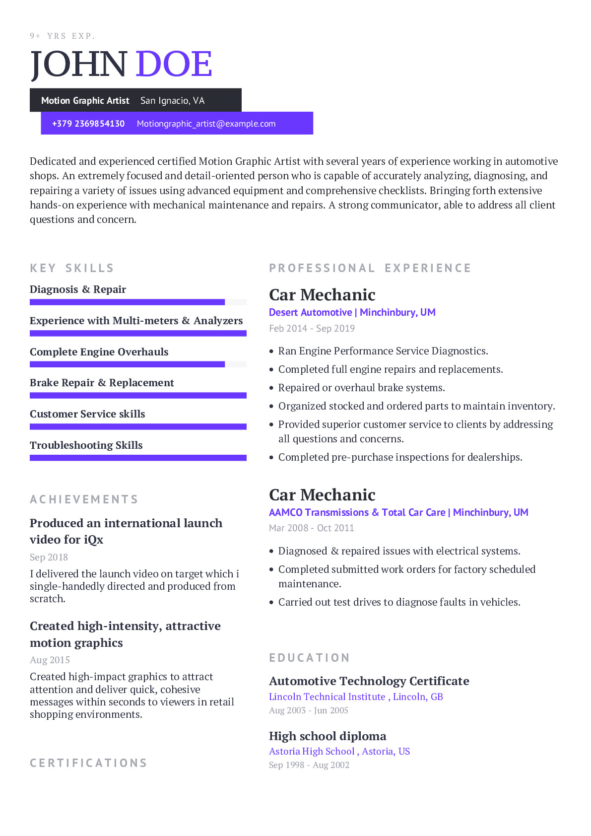 Motion Graphic Artist Resume Example