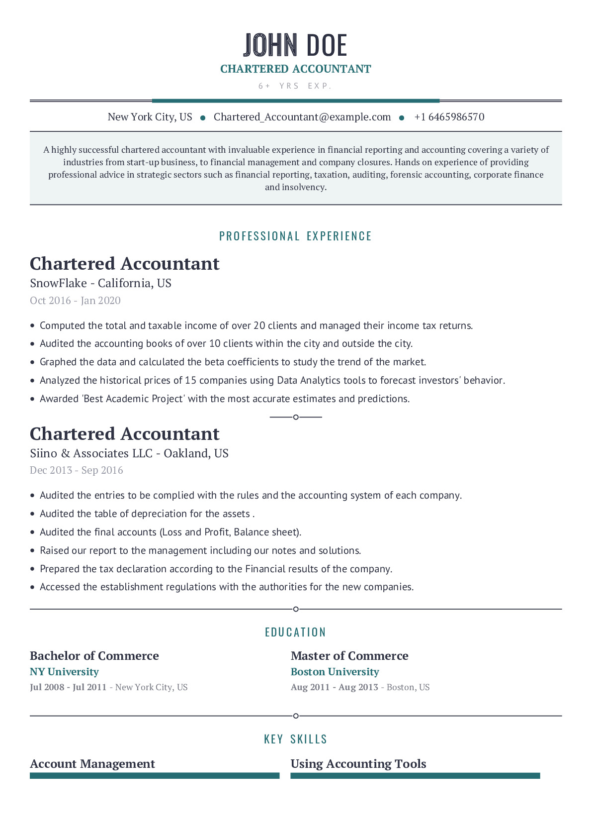 Chartered Accountant Resume Example With Content Sample  CraftmyCV