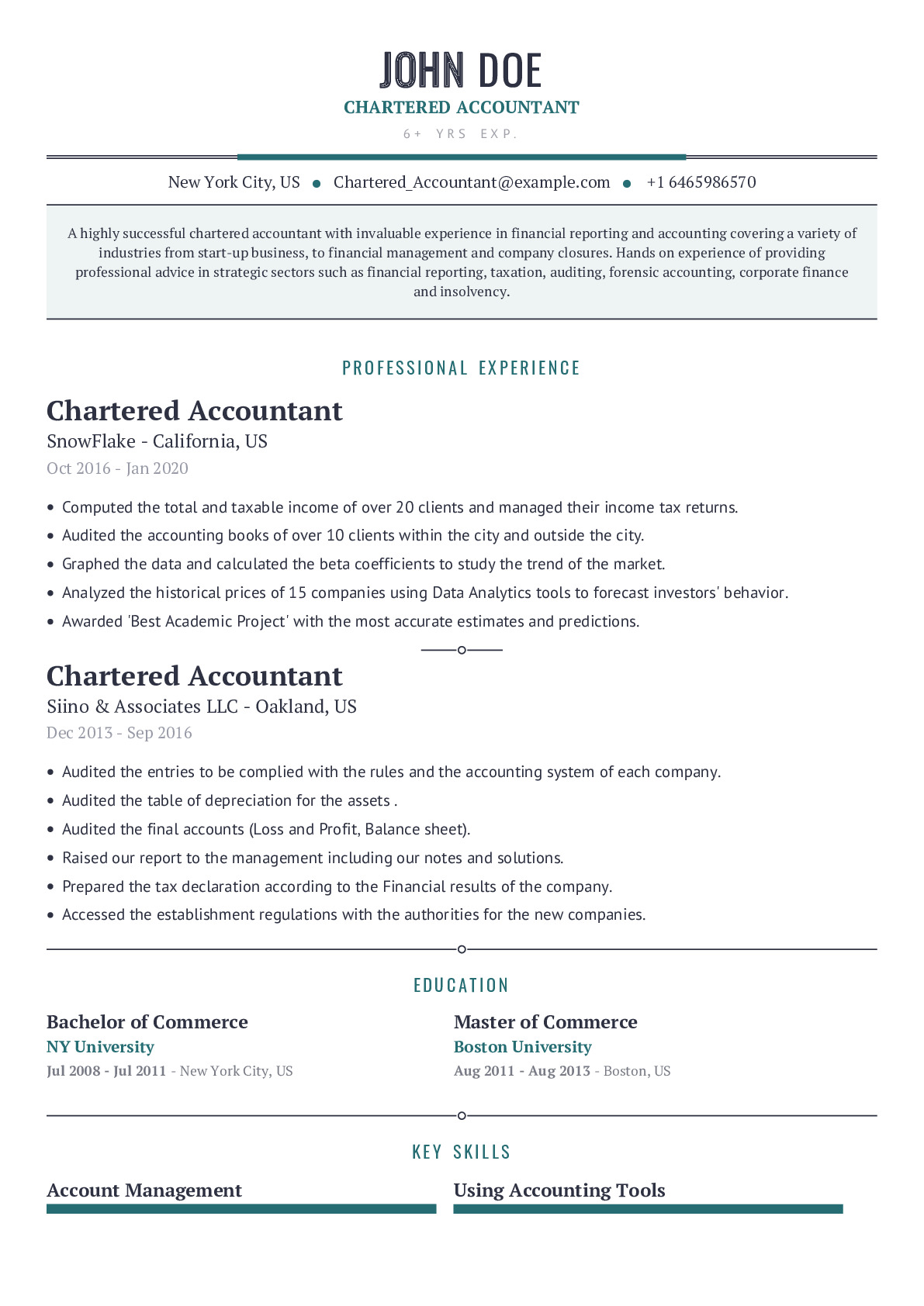 Chartered Accountant Resume Example With Content Sample CraftmyCV