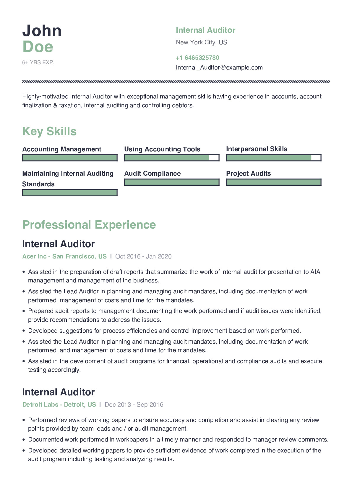 Internal Auditor Resume Example With Content Sample CraftmyCV